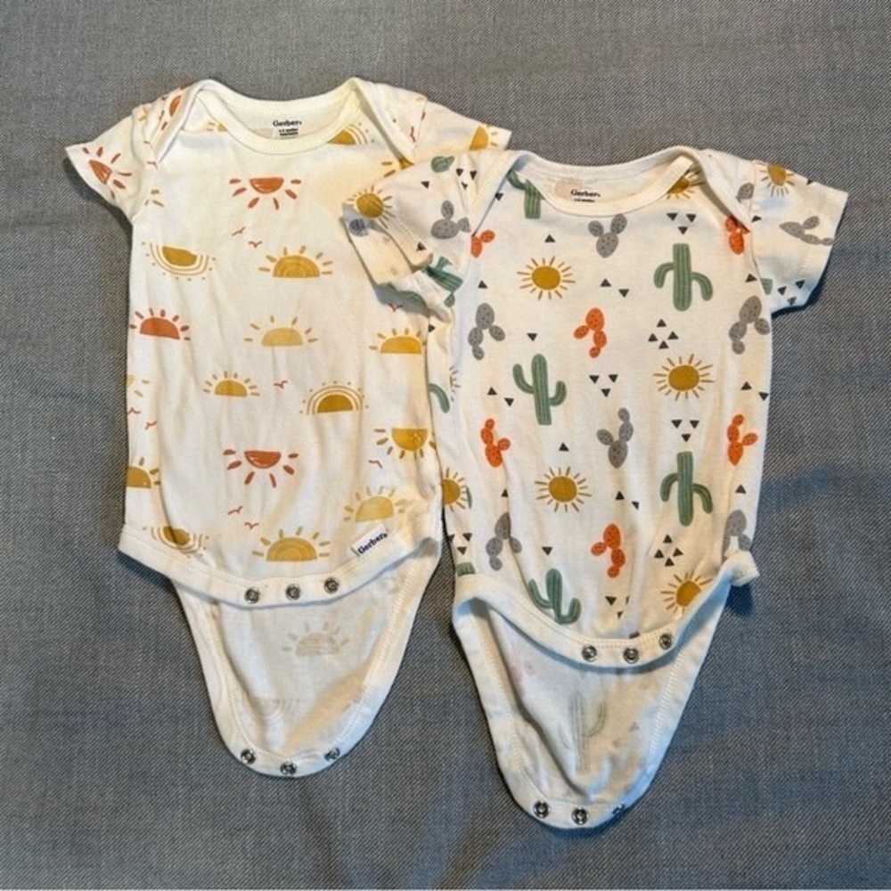 Gerber White One-Piece Bodysuits with Yellow, Green and Orange Prints